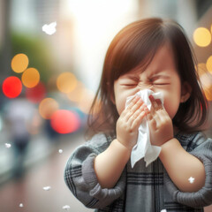 baby sneezes into paper tissues on street bokeh background. ai generative