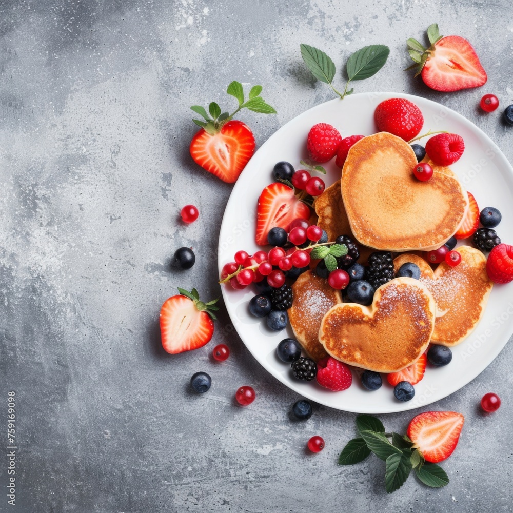 Wall mural Valentine's day. heart shaped pancakes decorated with berries on a light gray concrete background with copy space for the recipe. holiday breakfast concept for valentine's day. View from above 