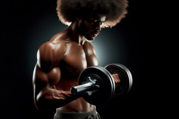 strong afro man lifting weights isolated on solid black background. ai generative