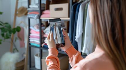 Woman photographing clothes with smartphone for online sale.