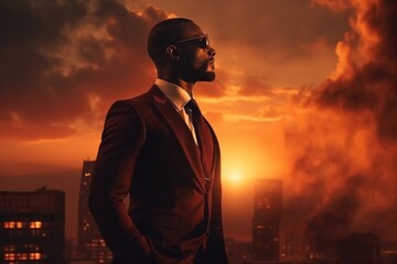 Fototapeta premium Successful black businessman pondering future success among city skyscrapers at sunset