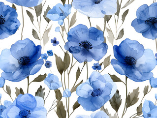 Blue flower seamless pattern with wild flowers watercolor wallpaper, suitable for fabric design.
