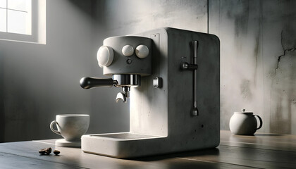 espresso coffee machine on a table, minimalist concrete coffee machine in grey, porcelain steam knob