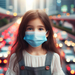 portrait of little girl wearing mask on bokeh city trafic background. ai generative