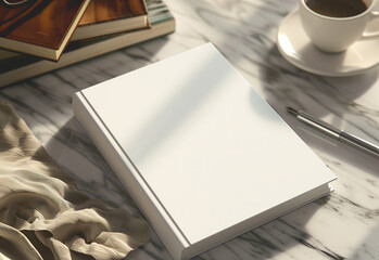 Closed white book on the desk with a pen and coffee, mockup. - Powered by Adobe