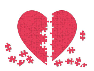 Rotes Herz, Puzzle Teile zusammenfügen, Entscheidung, Partnerwahl,
Vektor Illustration isoliert auf weißem Hintergrund
