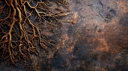 Intricate roots on rustic background