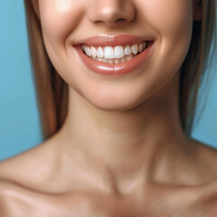 Obraz premium woman smiles with perfect white teeth. Dentistry concept, prosthetics and dental implantation.