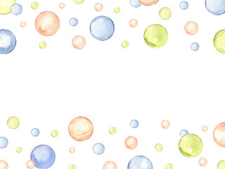 Orange, blue, yellow polka dots. Geometric watercolor frame. Copy space for text. Circle, confetti. Splashes, bubbles, round doodle spots. Hand drawn illustration for greetings, invitations