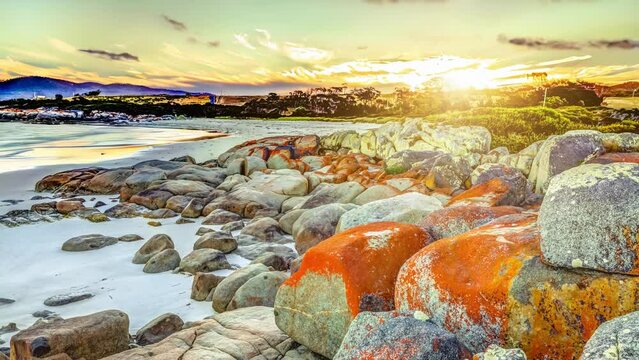 White sandy beach and orange lichen in The Gardens, Bay of Fires consevation Area ranging from Binalong Bay to Eddystone Point, east coast of Tasmania in Australia. Cinemagraph.