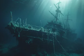 Afwasbaar Fotobehang Schipbreuk A shipwreck is seen in the ocean with a lot of debris and fish swimming around it. Scene is eerie and mysterious, as the ship is long gone and the ocean is filled with life