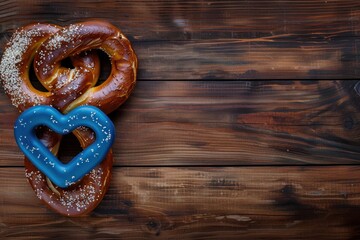 A blue heart shaped pretzel sits on top of two other pretzels. The pretzels are on a wooden table. Oktoberfest Concept