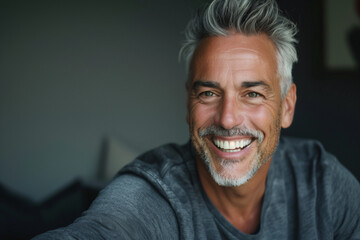 man with gray hair smiling outdoors in warm weather - obrazy, fototapety, plakaty