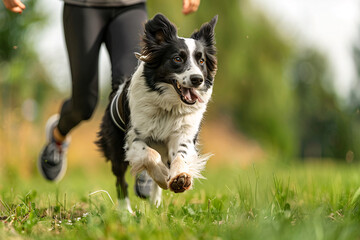 Fototapeta premium Happy black and white dog running on grass with human legs behind