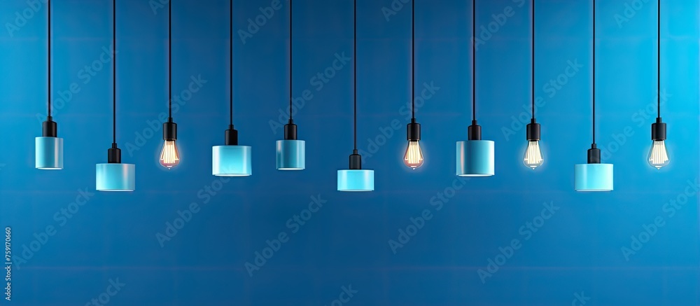 Poster a series of electric blue light bulbs hanging symmetrically from the ceiling on an azure background,