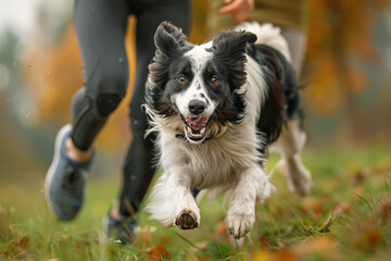 Energetic border collie running in autumn leaves with person