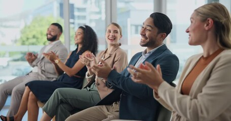 Success, happy or business people clapping in seminar presentation for winning, team support or motivation. Smile, audience or applause of proud employees for target goals, achievement or celebration