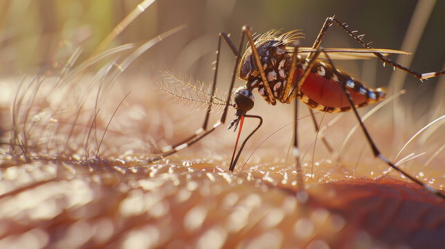 Mosquito sucking blood. Aedes Aegypti Mosquito on human skin.Mosquito vector borne disease is carrier of Malaria, Zica Virus, Chikungunya, Dengue,Yellow Fever,Encephalitis . Generative AI.
