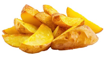 Tasty golden color fried potato wedges isolated on white background. AI generated image