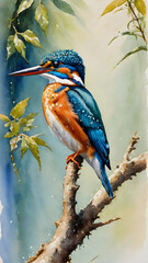 A colorful kingfisher and a blue heron with long beaks perch on branches