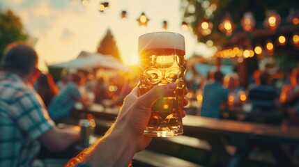 A man is holding a glass of beer in front of a group of people. Oktoberfest Concept - obrazy, fototapety, plakaty