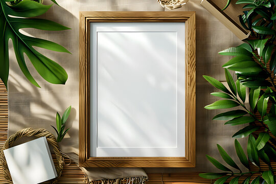 A rectangular picture frame surrounded by tropical leaves on a wooden table