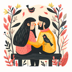 Couple in love sitting on bench in autumn park. Vector illustration