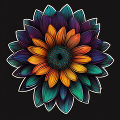 a colorful Daisy flower. isolated on a black. Kumiko art style