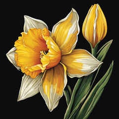 a colorful Daffodil flower. isolated on a black. Kumiko art style