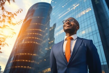 Successful black businessman contemplating future success in urban cityscape at sunset