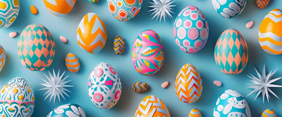 Easter card art style,easter artwork,retro futurism, digital art, Easter collage multicolored easter eggs,easter pattern,holiday banner - obrazy, fototapety, plakaty