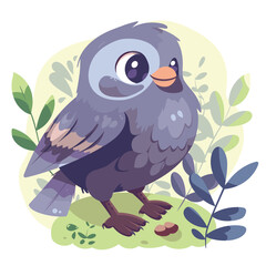 Cute cartoon vector illustration of a blue bird on a green background.