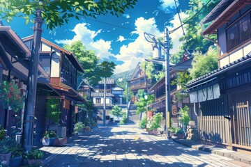 anime image depicts a quiet street on an anime game - obrazy, fototapety, plakaty
