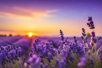 A field of lavender with a beautiful bokeh backdrop at sunset.