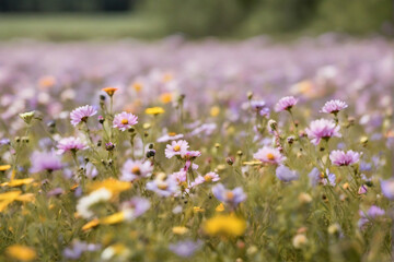 A field of wildflowers with a shallow depth of field, highlighting individual blooms.