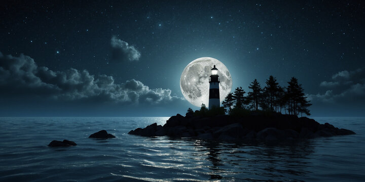 three moons rising from a almost smooth ocean, the largest only risen halfway. a tree-covered small island with a lighthouse is silhouetted. the obsidian black sky is riddled with stars. 3d, photoreal