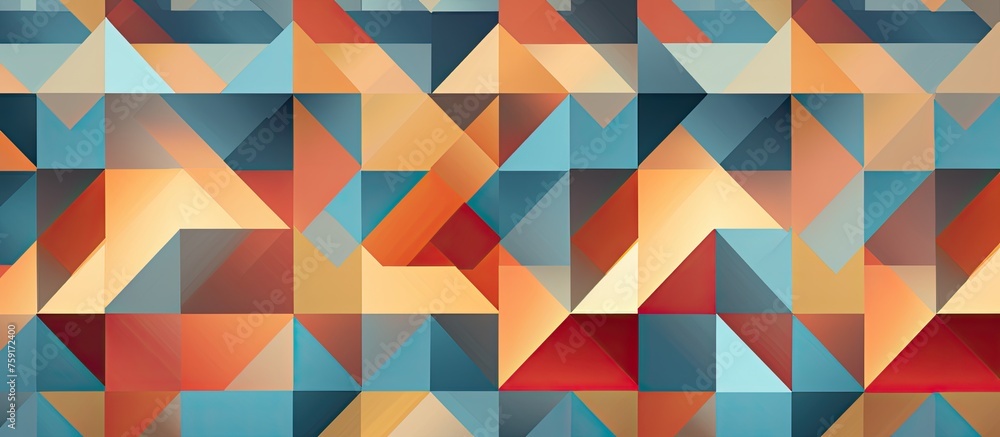 Poster a vibrant textile with a creative geometric pattern featuring colorful triangles and rectangles in s
