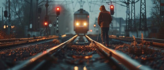 Person Walking on Train Track at Sunset - obrazy, fototapety, plakaty