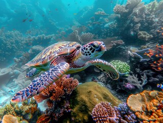 Obraz na płótnie Canvas a sea turtle swimming through a coral reef