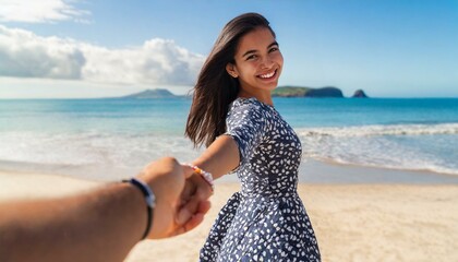 beautiful Young woman in summer dress leading man through beautiful beach