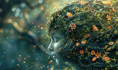 An image, of a surreal mysterious creature - a goddess with developing hair made of flowers and leaves - obrazy, fototapety, plakaty