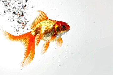 Fototapeta premium goldfish is flying high under water on a white background
