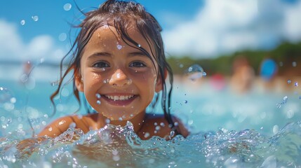 Fototapeta na wymiar Young Girl Smiles Swimming in Water