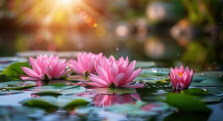 Pink Water Lilies Floating in a Pond