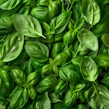 photo of green_leaves of fresh basil top view 02