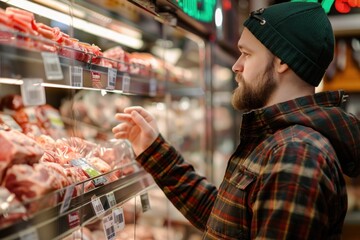 man is buying meat while looking at labels on a shelf of meat