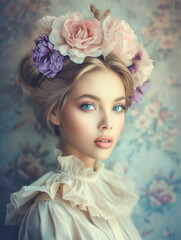 Naklejka premium Victorian-inspired young woman with pastel flowers in her styled hair