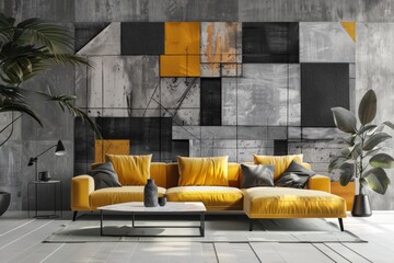 living room with yellow couches