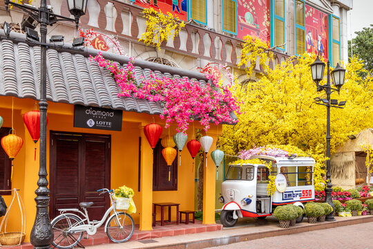 Lunar New Year decorations on Diamond Plaza , one of the oldest shopping centers in Ho Chi Minh City, Vietnam