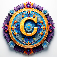 the letter C is mandala art, isolated on white.
